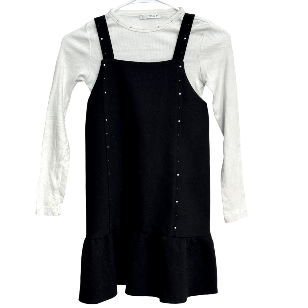 Zara Black Pinafore Dress with White Long Sleeve Top Size 9/10